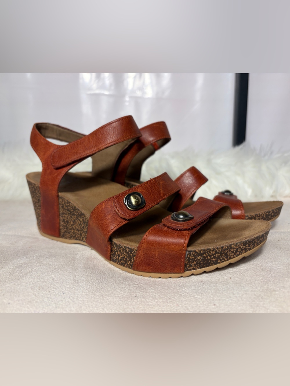 Women’s Cognac Leather Platform Sandals with Adjustable Straps